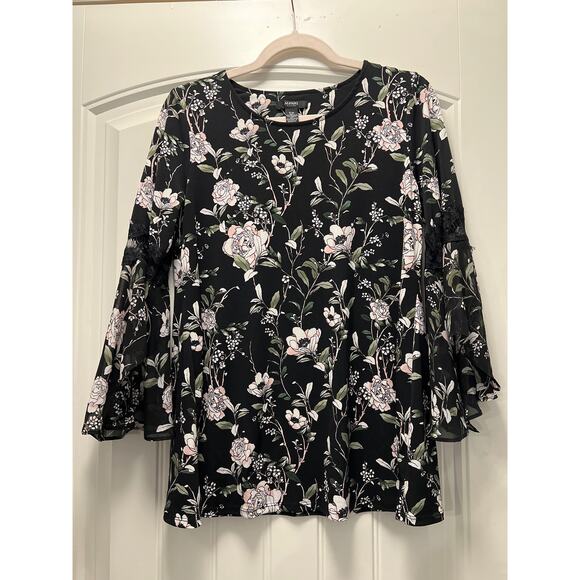 Alfani Petite Women’s Floral Print Bell Sleeve Top Size P/M‎ Black Multicolor - Picture 2 of 6
